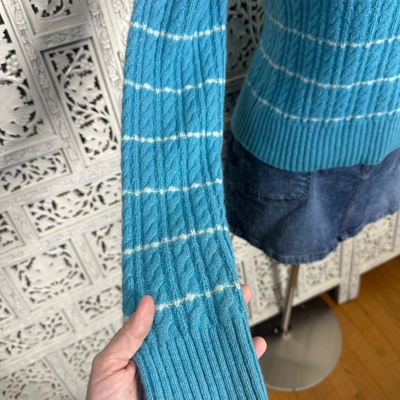 Express Wool Cashmere Blend Blue & White Striped Cable Knit Crew Neck Sweater - Picture 4 of 7